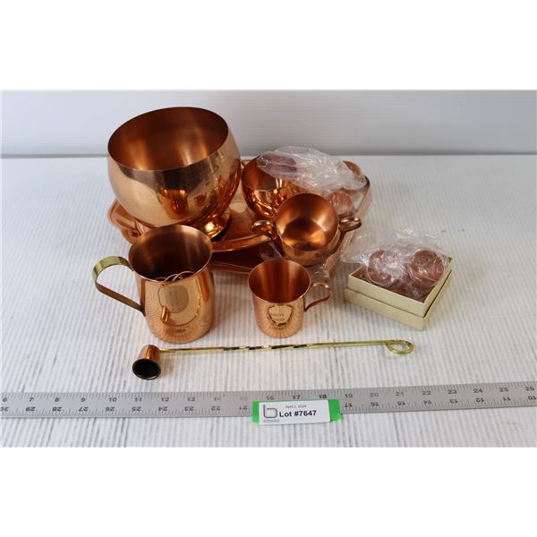 Coppercraft Trays, Napkin Rings, Cream & Sugar, Cup, Tongs, Candle Snuffer, etc.