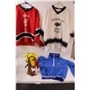 Image 1 : (2) Large Hockey shirts (Alberta/ M.H.S.), (1) XL Medicine Hat Jersey, Helmet, Brass Horn