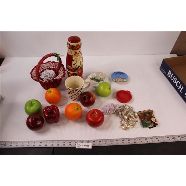 (8) Artificial Fruits, Nesting Doll (Nothing inside), Misc.