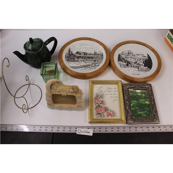 (2) Decorative Plates, (2) Picture Frames, Misc.