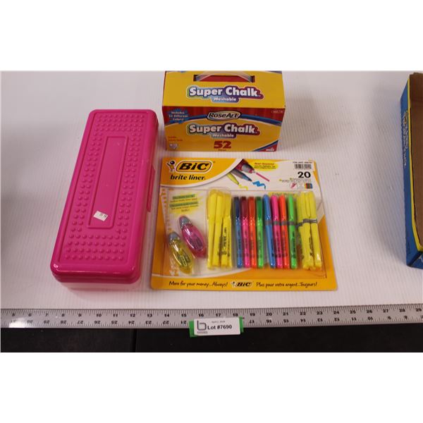 (1) Box of (52) Colouring Chalk (unopened), Big Highlighters, Crayon Box