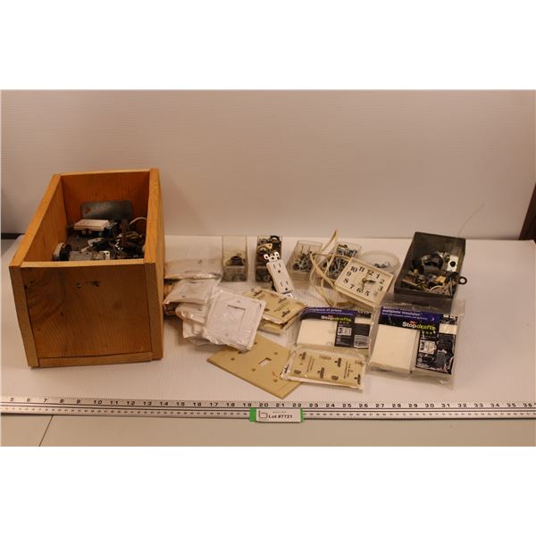 Electrical Components - Boxes, Receptacles, Wall Plates, Working Alarm Clock & Misc. w/Wooden Box