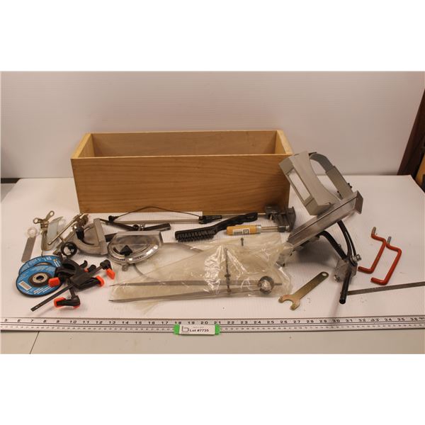 Shop Items - Wire Brush, Bar Clamps, Large Compass, Calipers, Table Saw Guides, Can Openers, 4' Grin