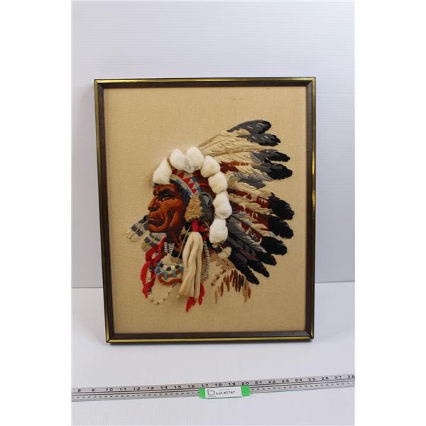 Vintage Framed Cross Stitched Native American Chief w/Headdress (17 x21 ) - unknown Artist