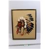 Image 1 : Vintage Framed Cross Stitched Native American Chief w/Headdress (17"x21") - unknown Artist