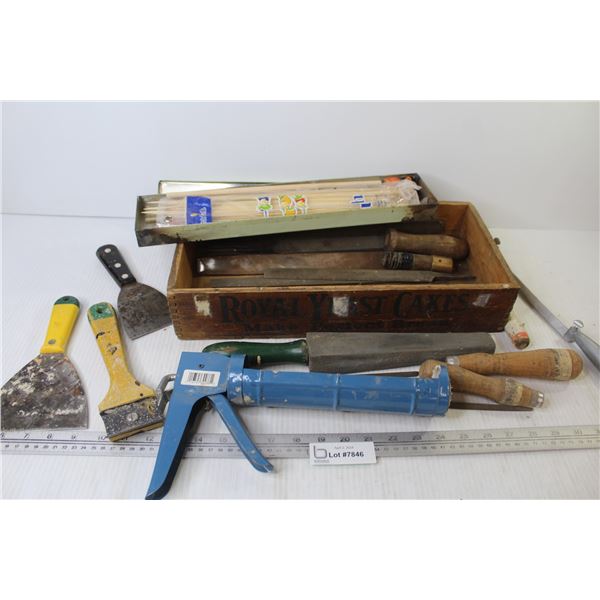 Wooden Royal Yeast Cakes Crate - Chalking Gun - Assorted Files w/Handles - Metal Case w/Wooden Skewe