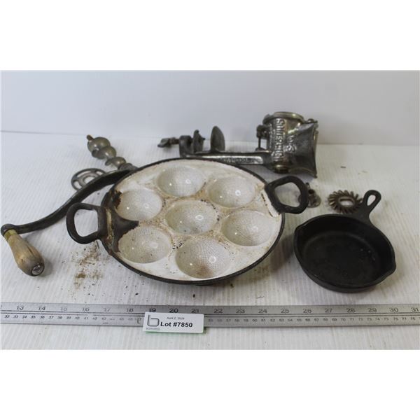 Cast Iron Egg Pan (handle is repaired) - Souveing Cast Iron Meat Grinder - 5  Cast Iron Frying Pan