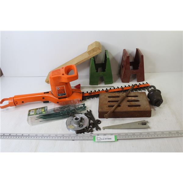 Electric Hedge Trimmer (untested) - Saw Horse End Clamps - Plant Ties - Misc. Items