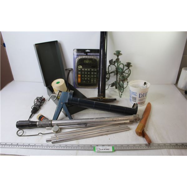 Metal File Card Holder - Hand Tire Pump - Calculator - Filleting Knife - Chalking Gun - Candle Holde