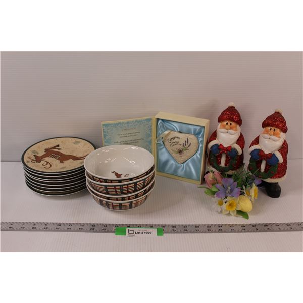 (4) Reindeer Bowls, (7) Reindeer Plates, (2) Santas, Caregiver Heart Pendant in Box, Faux Floral Arr