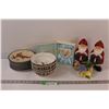 Image 1 : (4) Reindeer Bowls, (7) Reindeer Plates, (2) Santas, Caregiver Heart Pendant in Box, Faux Floral Arr