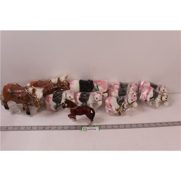 (7) Pony Decorations (3) Horse Decorations, (1) Work Horse Figurine