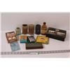 Image 1 : (3) Edison Blue Amber Record Tube, Vintage Hand Warmer, Sharpening Stone, Alkorub Glass Jar, Dixie P