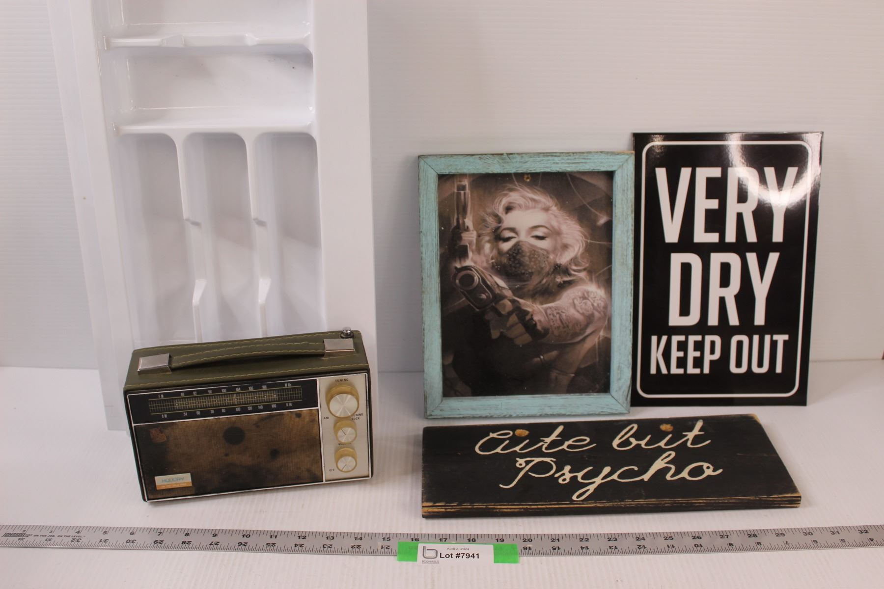 Storage Lady Signage (2) Signs, Framed Lady, Storage Trays, Vintage Radio (Needs Work?)