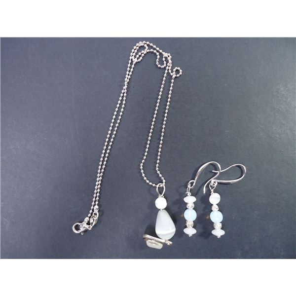 Sterling Silver Chain (18 ) with a White Cat's Eyes Pendant with Matching Drop Earrings