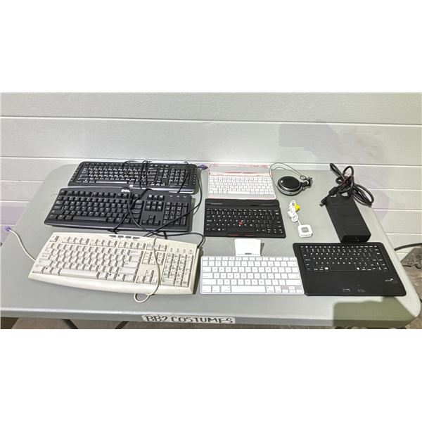 BOX OF ASSORTED COMPUTER ACCESSORIES INCLUDING; KEYBOARDS, POWER ADAPTER, JBL SPEAKER HUB & MORE