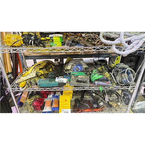 SHELF OF ASSORTED TOOLS INCLUDING; CIRCULAR SAW, HEAT GUN, RATCHET STRAP & MORE