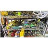 Image 1 : SHELF OF ASSORTED TOOLS INCLUDING; CIRCULAR SAW, HEAT GUN, RATCHET STRAP & MORE