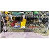 Image 1 : SHELF OF ASSORTED TOOLS INCLUDING; WHEEL CHOCKS, HITCH ATTACHMENT, LIGHTS & MORE