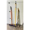 Image 1 : EXTENDING PAINT ROLLER HANDLE & ASSORTED LAWN TOOLS INCLUDING; SHOVELS, RAKE & BROOM