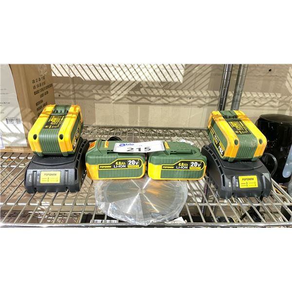 LOT OF 4 POPOMAN 20V LI-ION POWER X BATTERIES, 2 POPOMAN CHARGERS & 2 SAW BLADES
