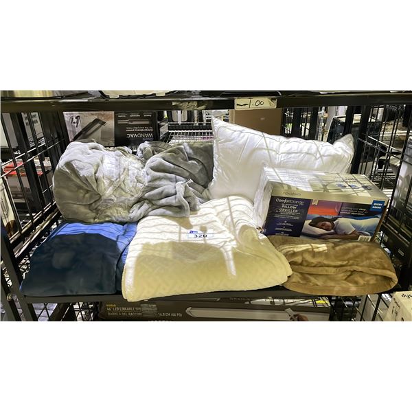 SHELF OF ASSORTED BLANKETS & PILLOWS