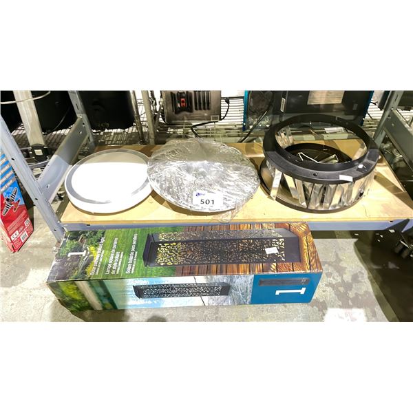SHELF OF ASSORTED LIGHTING INCLUDING; CEILING LIGHTS, SOLAR PATHWAY BOLLARD LIGHTS & MORE