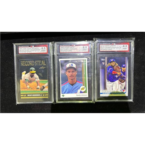 KSA 8.5 1989 UPPER DECK #25 RANDY JOHNSON ROOKIE, KSA 8.5 1991 LEAF GOLD ROOKIES #BC25 RICKEY