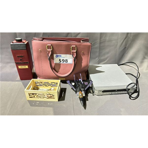 LOT OF ASSORTED ITEMS INCLUDING; SPIRIT OF SASKATCHEWAN WHISKEY BOTTLE, TRANSFORMERS TOY, STERLING