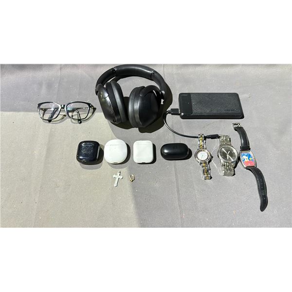 BAG OF ASSORTED ITEMS INCLUDING; WIRELESS EARBUDS, WATCH, POWER BANK & MORE