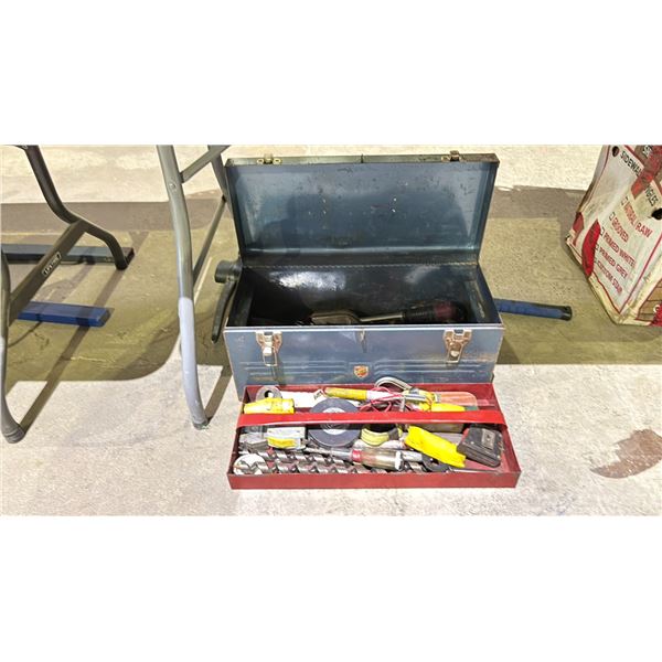 TOOLBOX WITH ASSORTED TOOL CONTENTS INCLUDING; DRILL BITS, CHALK LINE, MEASURING TAPES & MORE