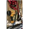 Image 2 : SHELF OF ASSORTED ITEMS INCLUDING; BOSTITCH STAPLE GUN, FIRE AXES, RATCHET STRAP & SHOVEL