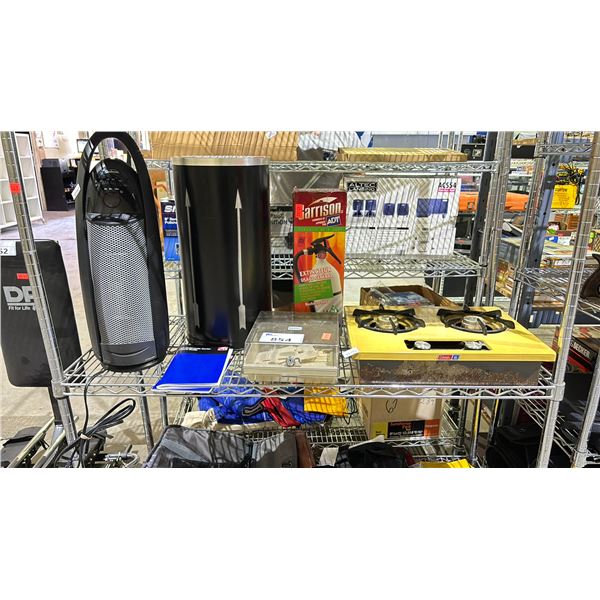 SHELF OF ASSORTED ITEMS INCLUDING; HEATER, COLEMAN CAMPING STOVE, FIRE EXTINGUISHER & MORE