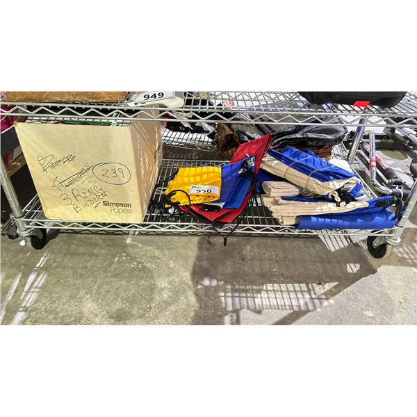 SHELF OF ASSORTED ITEMS INCLUDING; BINDERS & BAGS