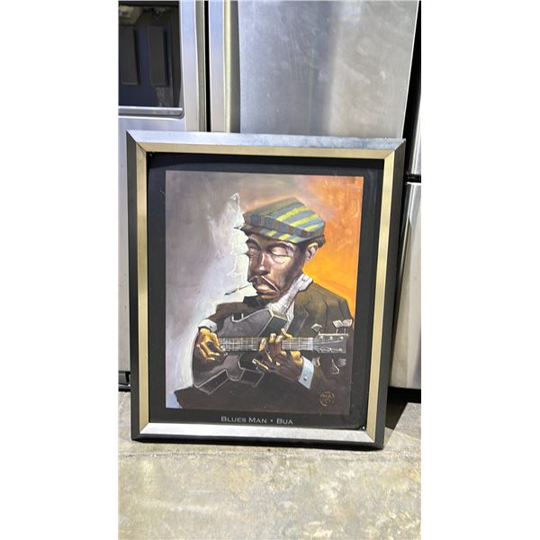 FRAMED ORIGINAL OIL ON BOARD BY BUA TITLED "BLUES MAN" 20.5" X 33"
