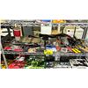 Image 1 : SHELF LOT OF ASSORTED ITEMS INCLUDING; HAMMERS, CLAMP, BATTERIES, LEVEL AND MORE
