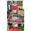 Image 2 : SHELF LOT OF ASSORTED ITEMS INCLUDING; HAMMERS, CLAMP, BATTERIES, LEVEL AND MORE