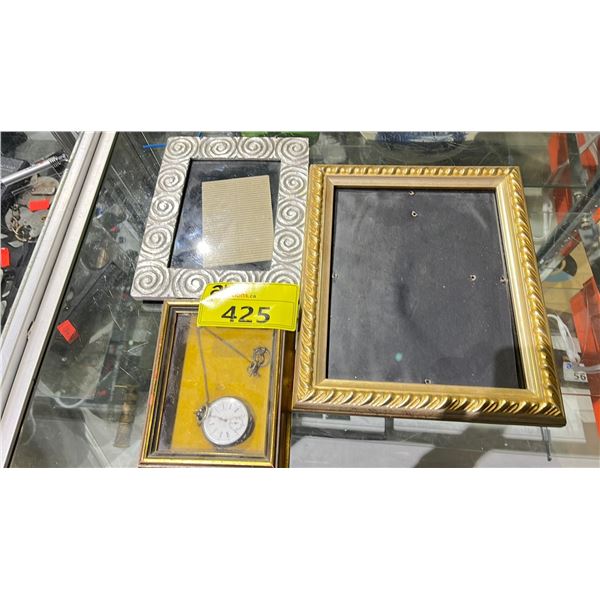 FRAMED POCKET WATCH AND 2 FRAMES