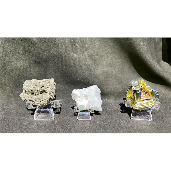 PYRITE CLUSTER RETAIL $480,FLUORITE SUGAR COATED SPECIMEN RETAIL $380, AND RAINBOW BISMUTH