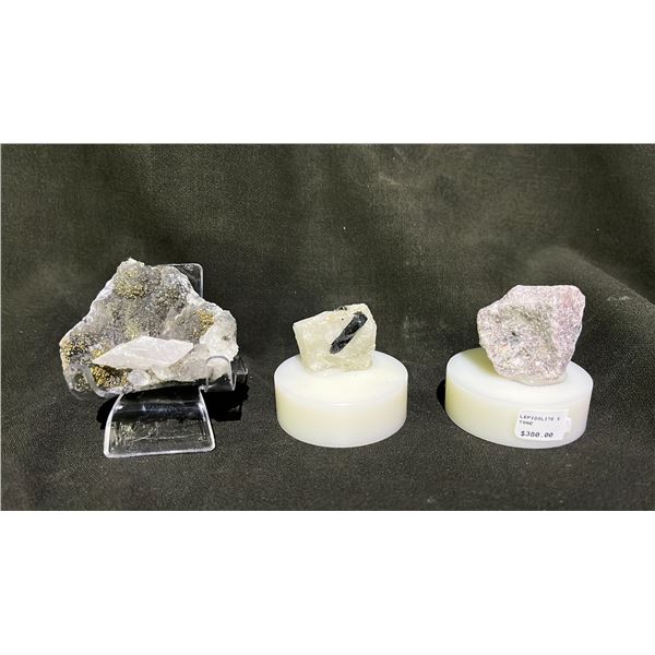 PYRITE AND FLOWER CALCITE RETAIL $380, BLACK TOURMALINE WITH MATRIX RETAIL $380, LEPIDOLITE STONE
