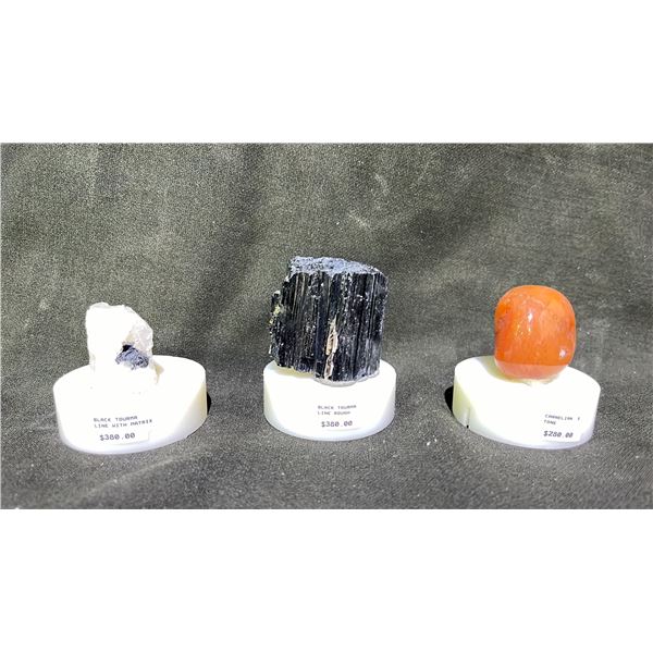 CARNELIAN RETAIL $280, BACK TOURMALINE ROUGH RETAIL $380, AND BLACK TOURMALINE WITH MATRIX