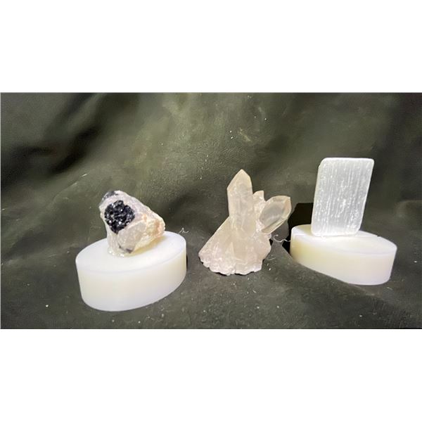 BLACK TOURMALINE WITH MATRIX RETAIL $380, LEMURIAN SMOKY QUARTZ RETAIL $380, AND SELENITE