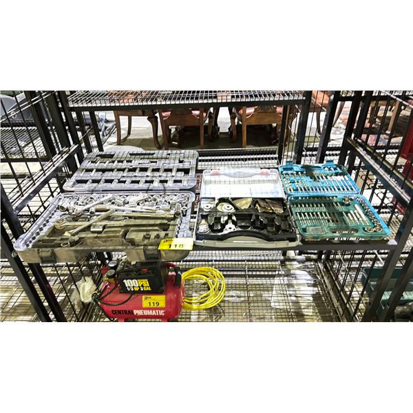 SHELF LOT OF ASSORTED SOCKET SETS, DRILL BITS AND MORE