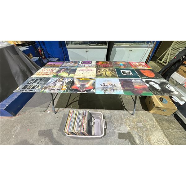 BIN OF ASSORTED RECORDS INCLUDING; ZZ TOP, VAN HALEN, TROOPER, THE POLICE, PINK FLOYD, MADONNA, AND