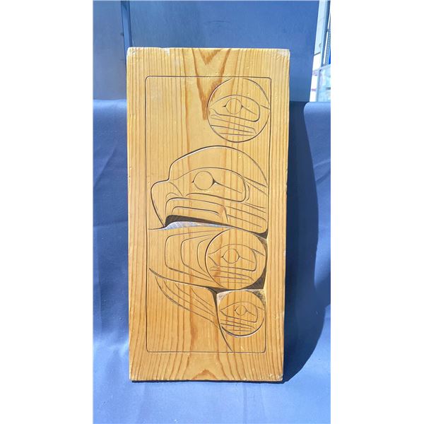 FIRST NATIONS CARVED WOODEN PLANK "SUN - GROUSE CLAN" APPROX. 19" X 9" SIGNED