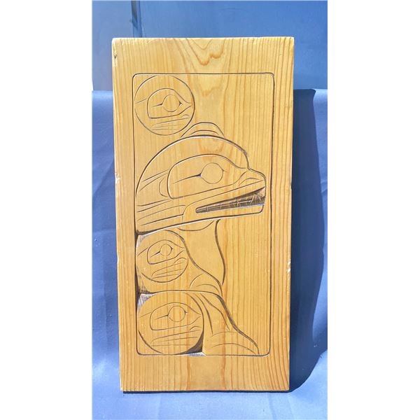 FIRST NATIONS CARVED WOODEN PLANK "SUN - BEAR CLAN" APPROX. 19" X 9" SIGNED