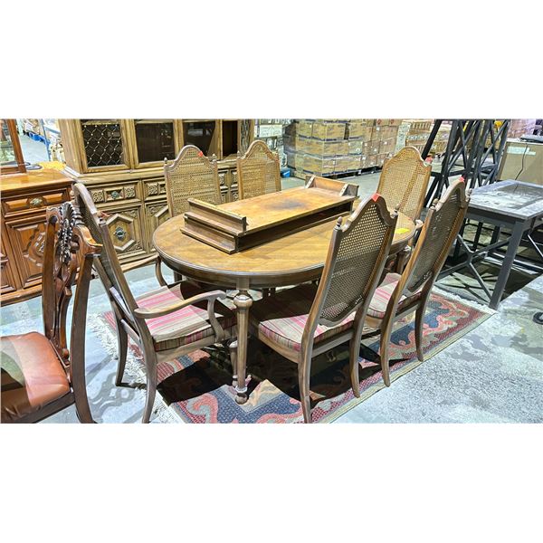 WOODEN DINING TABLE WITH 6 DINING CHAIRS, 2 LEAVES AND RUG