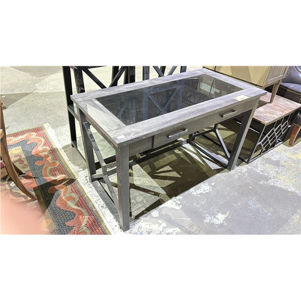 WOODEN DESK WITH GLASS MIDDLE AND CONTENTS
