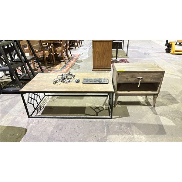 WOODEN TOP COFFEE TABLE, WOODEN SIDE TABLE AND KEY BOARD WITH MOUSE