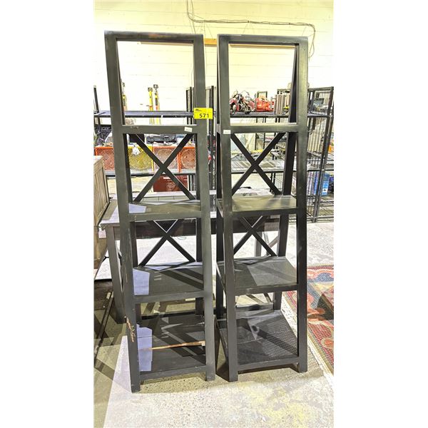 2 WOODEN 4 TIER SHELVES *SOME DAMAGE*